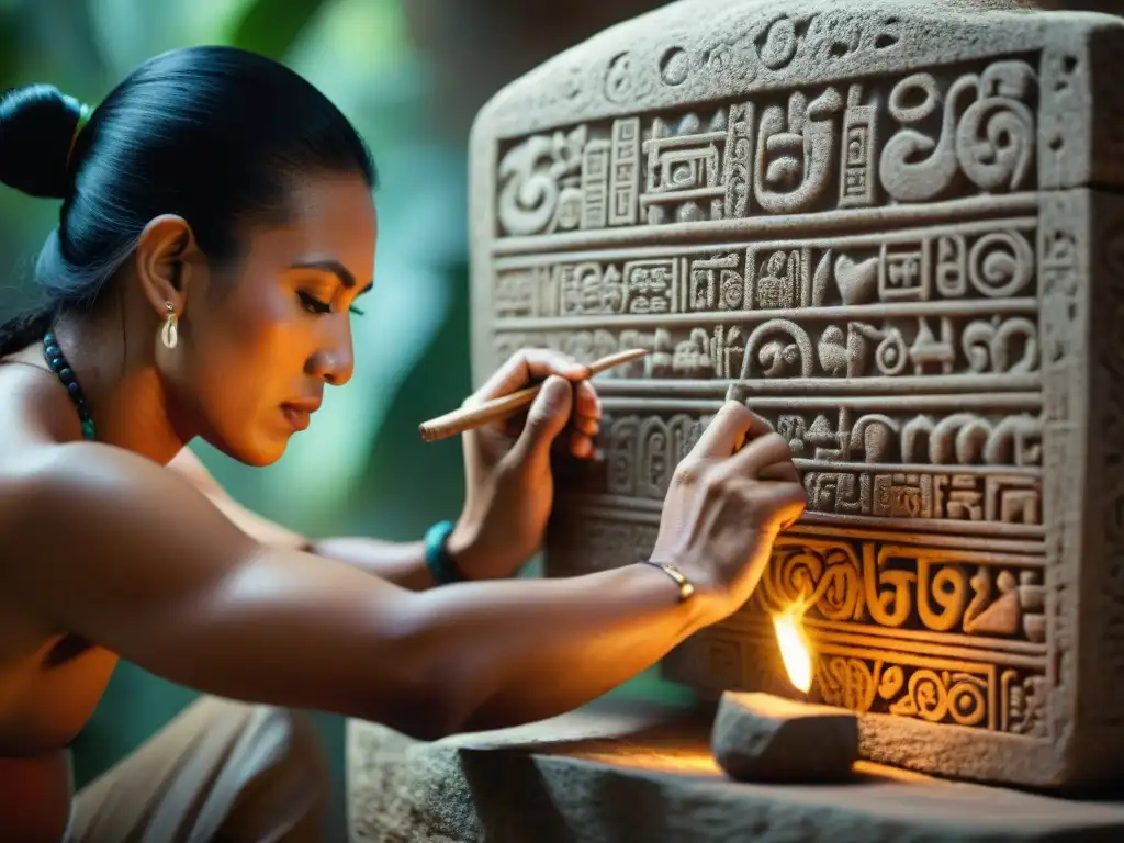 Dedicación y maestría: manos de artesano esculpen jeroglíficos mayas en piedra