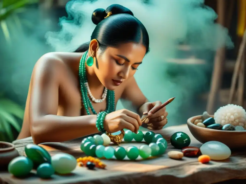 Un maestro artesano maya creando un collar de jade rodeado de gemas, reflejando la joyería maya y su significado espiritual