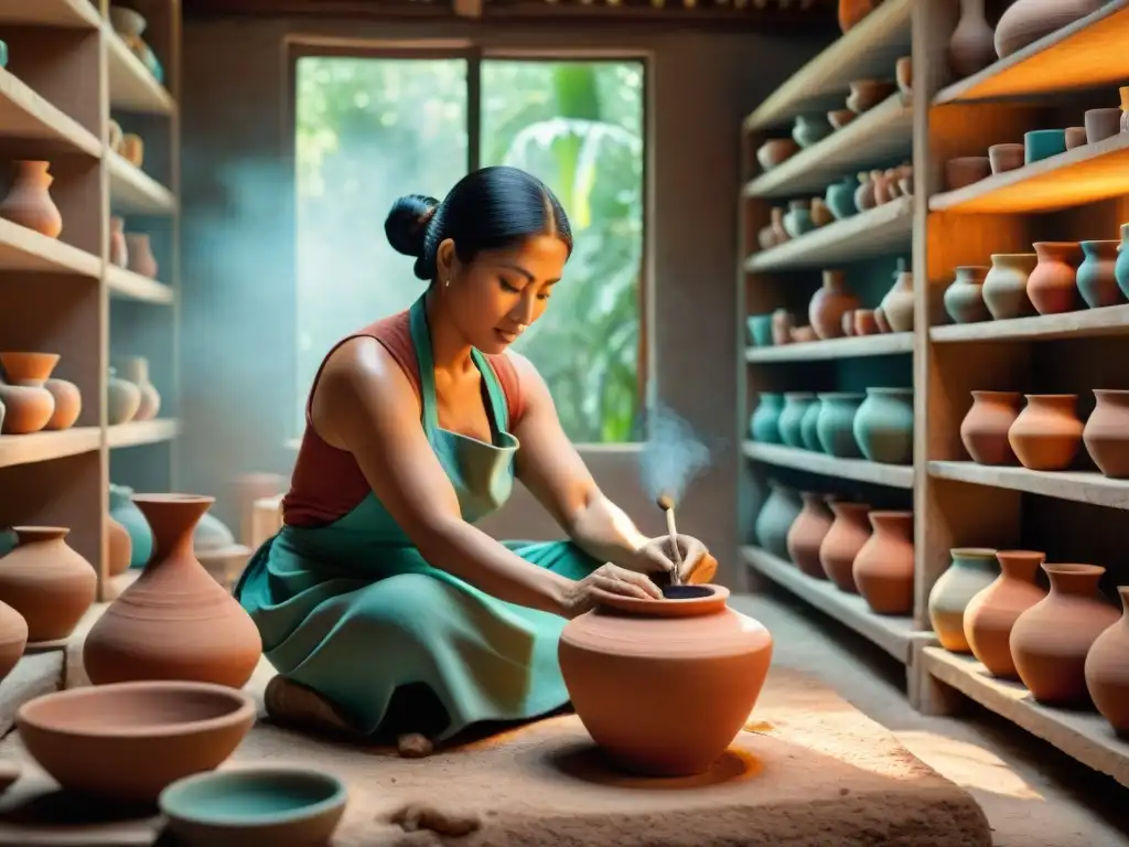 Un maestro de cerámica maya tradición pintando un vaso de arcilla con diseño intrincado en un taller lleno de coloridas piezas artesanales