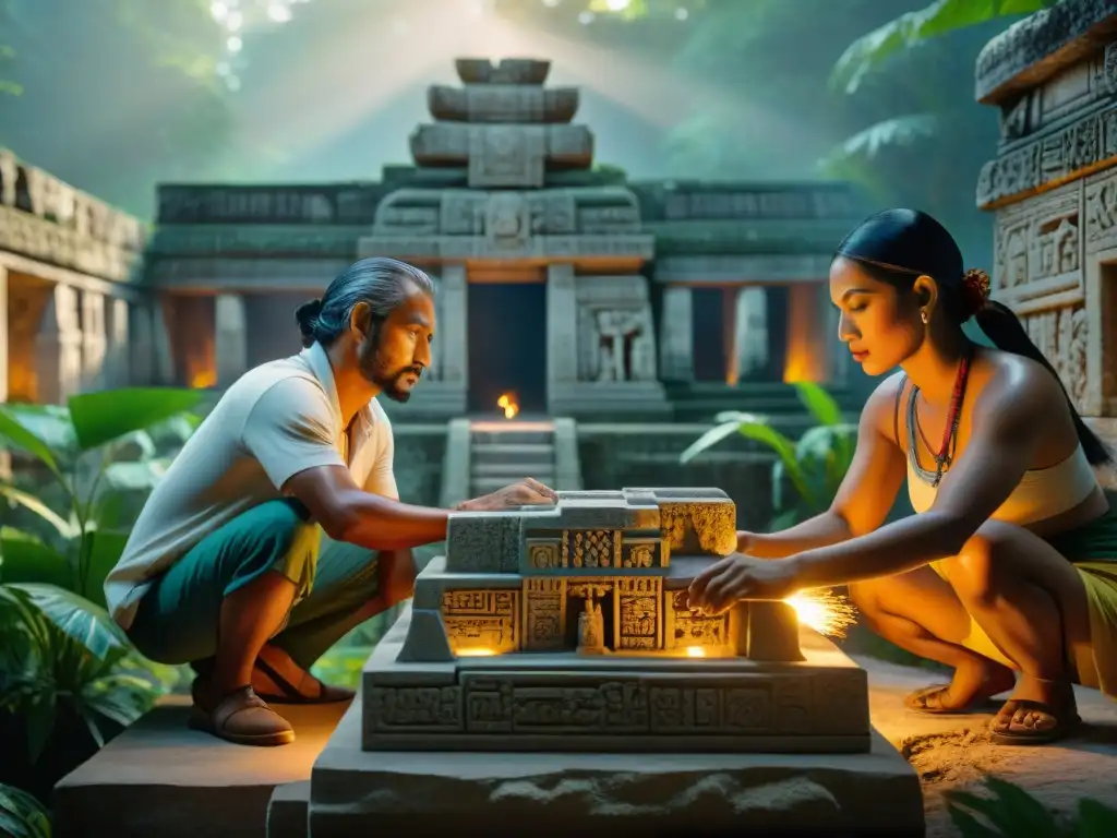 Un maestro constructor Maya tallando una piedra caliza con herramientas tradicionales, mostrando las técnicas de construcción mayas innovadoras