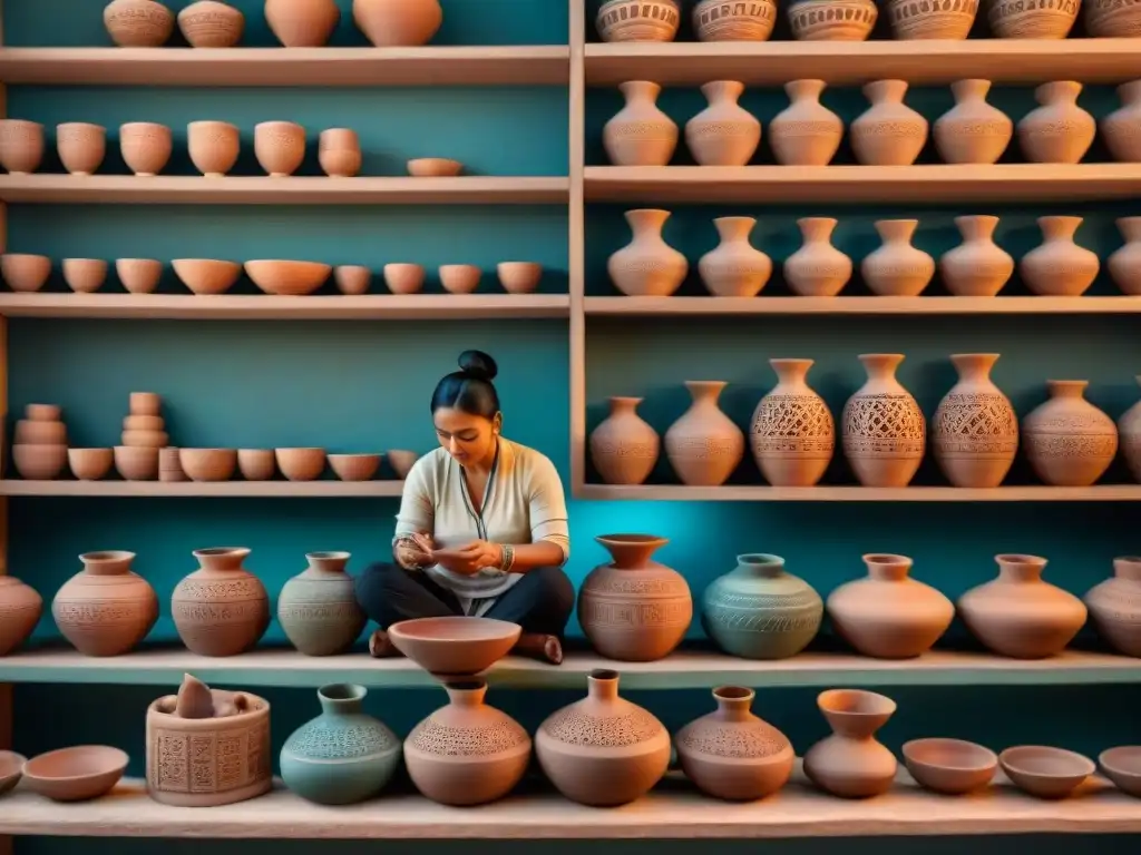 Maestro maya moldea cerámica con patrones geométricos en taller tradicional