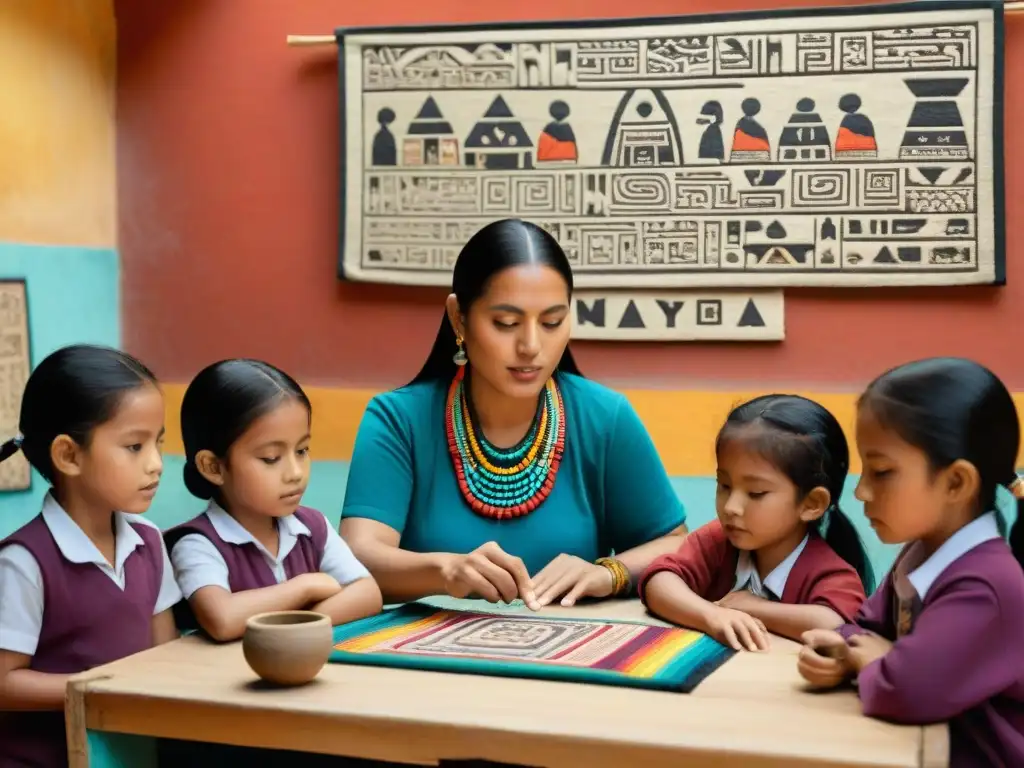 Maestro maya enseña prácticas culturales a estudiantes en aula vibrante