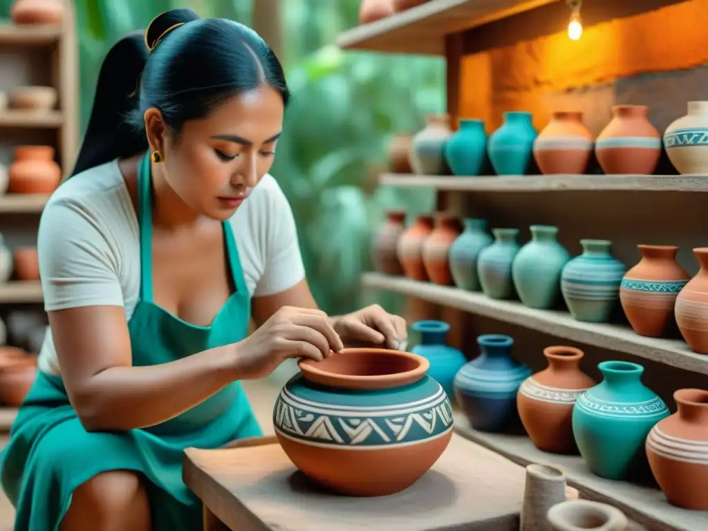 Maestros cerámica maya tradición: Artesanos mayas moldean con destreza piezas de barro, rodeados de coloridas cerámicas en un taller rústico