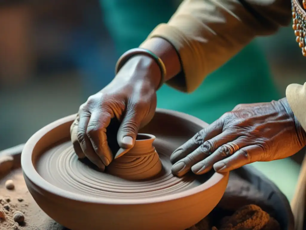 Maestros de la cerámica maya tradicional moldeando con destreza una vasija, resaltando la conexión con la herencia cultural