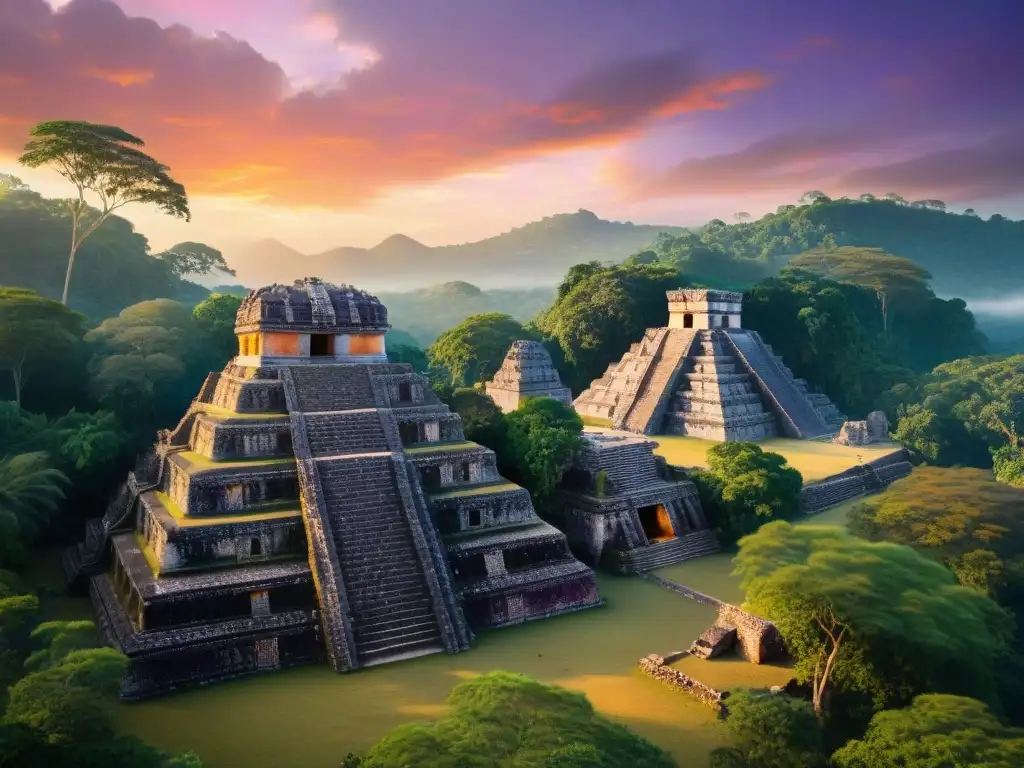 Puesta de sol en Yaxchilán: Ruinas mayas en 8k Magia ancestral en Yaxchilán: atardecer dorado sobre ruinas Mayas en 3D