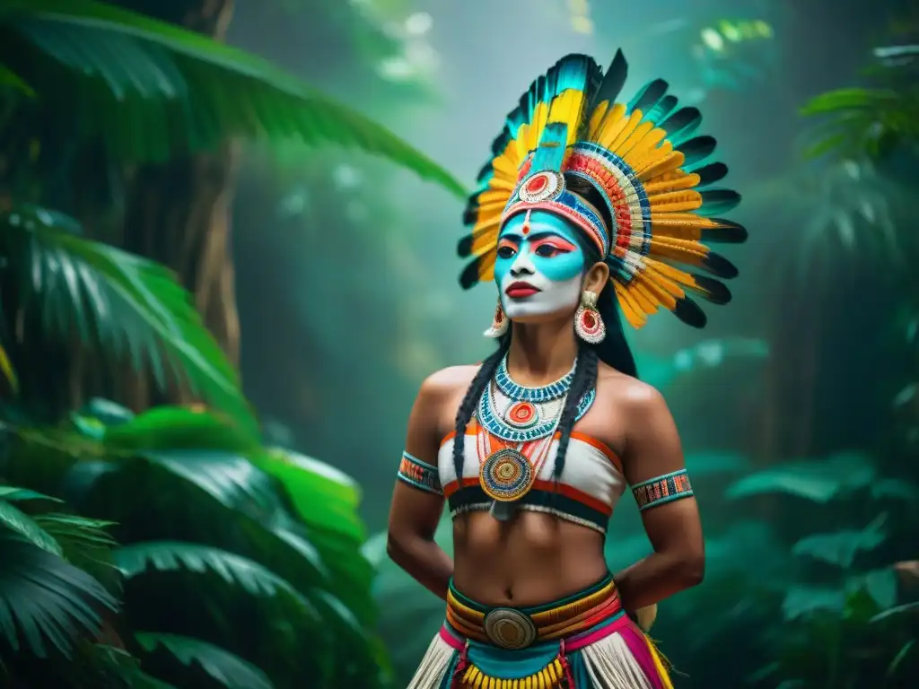 Magia ancestral: Danzas rituales mayas significado en la selva con bailarín adornado y ruinas antiguas entre la frondosidad