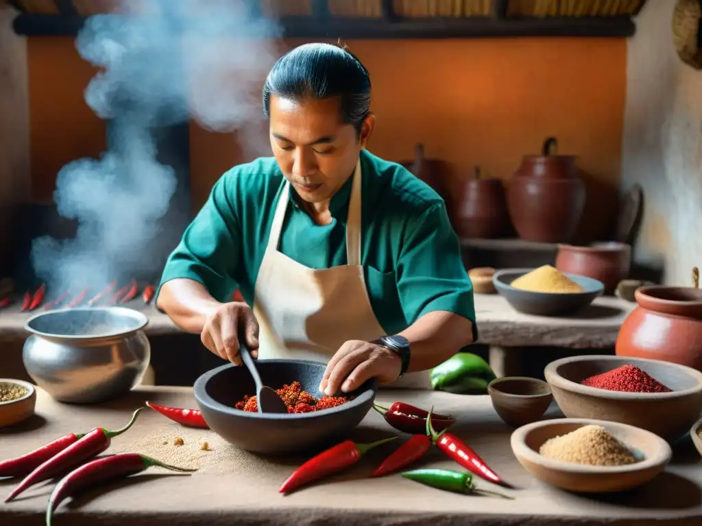 La magia de la cocina maya: un chef maya muele chiles rojos en una metate bajo la luz cálida