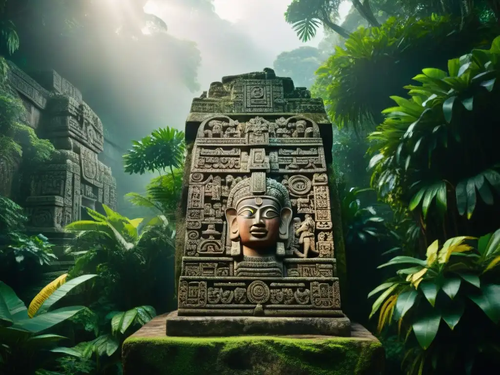 Descubre la magia de los jeroglíficos mayas en una estela tallada, entre la exuberante jungla