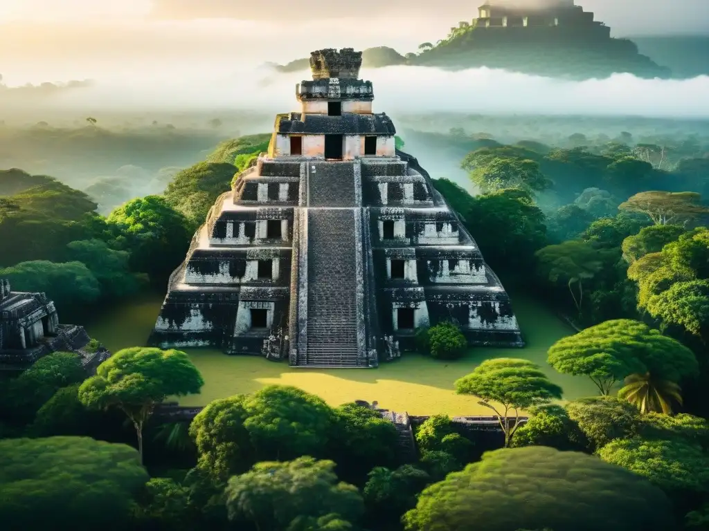 Misteriosa ruina maya en la jungla al amanecer Descubre la magia de un sitio arqueológico maya al amanecer, entre la neblina y la exuberante vegetación