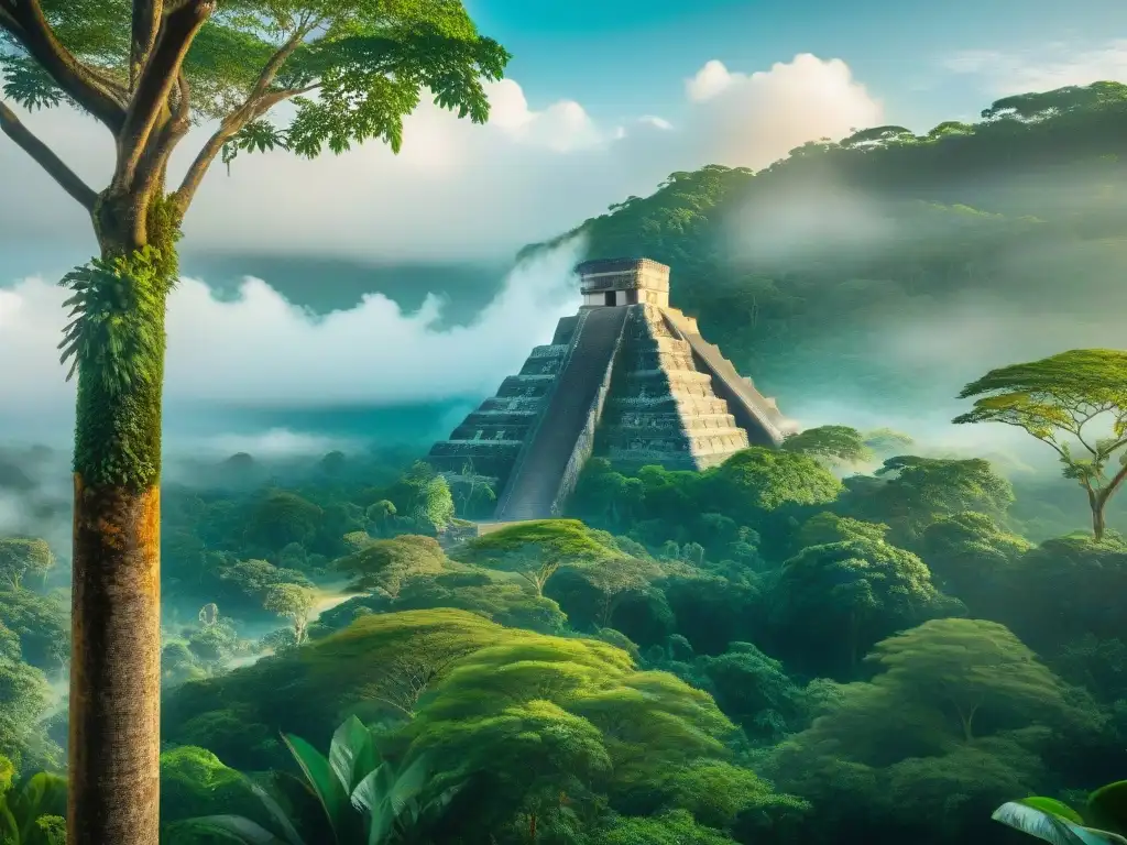 Una mágica escena de conservación medio ambiente cultura maya en la exuberante selva tropical