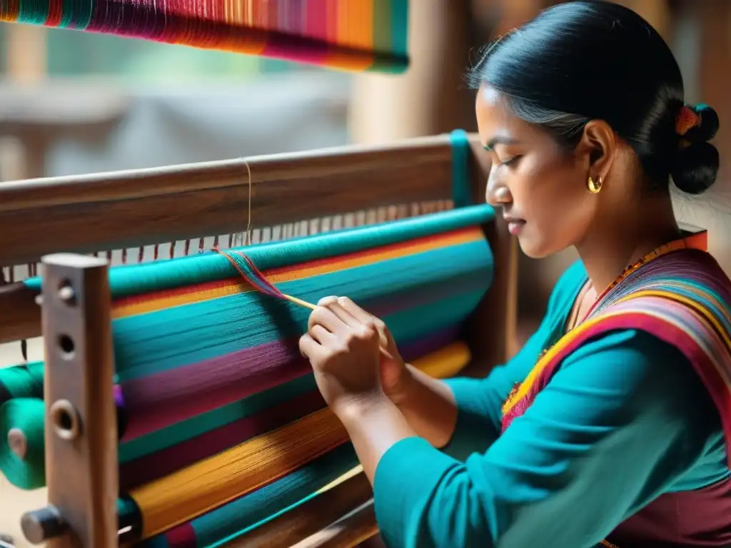 Mágica escena de artesanía maya en el siglo XXI: un hábil artesano tejiendo con precisión en telar de cintura en taller colorido