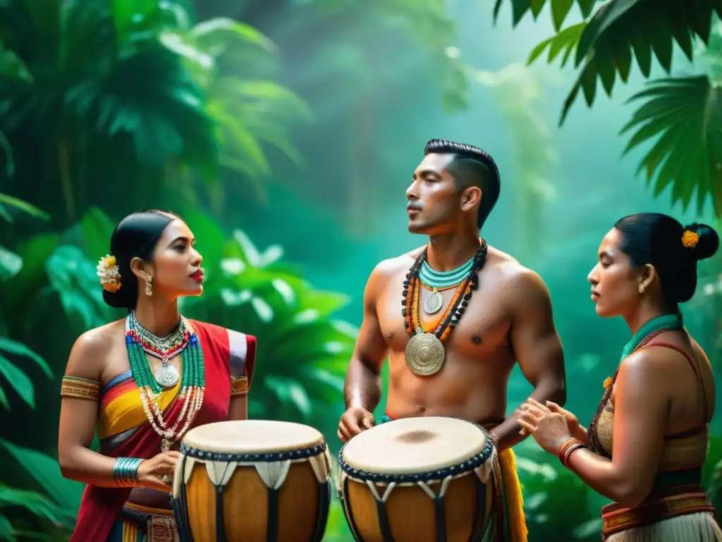 Mágica influencia de la música maya contemporánea: músicos tradicionales en la selva con atuendos coloridos y antiguos instrumentos