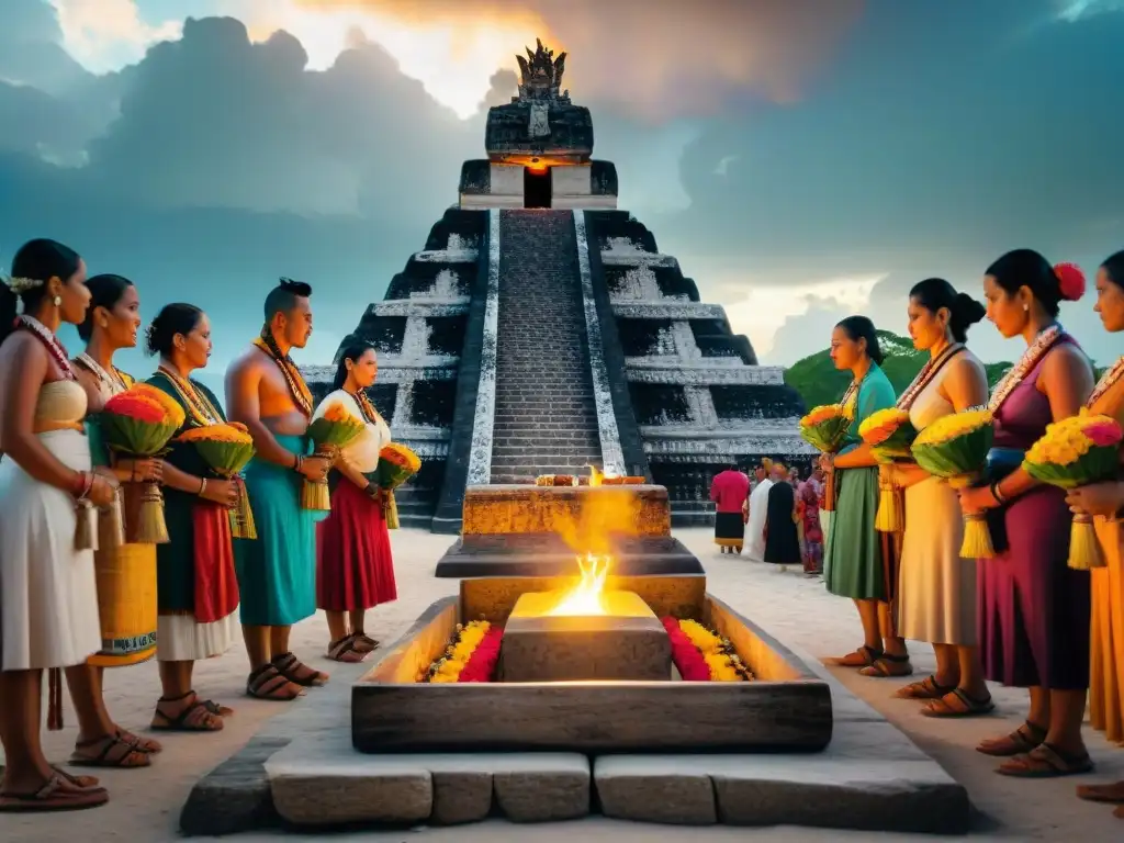 Un mágico ritual funerario maya con sacerdotes, ofrendas y jeroglíficos, ideal para educación turística