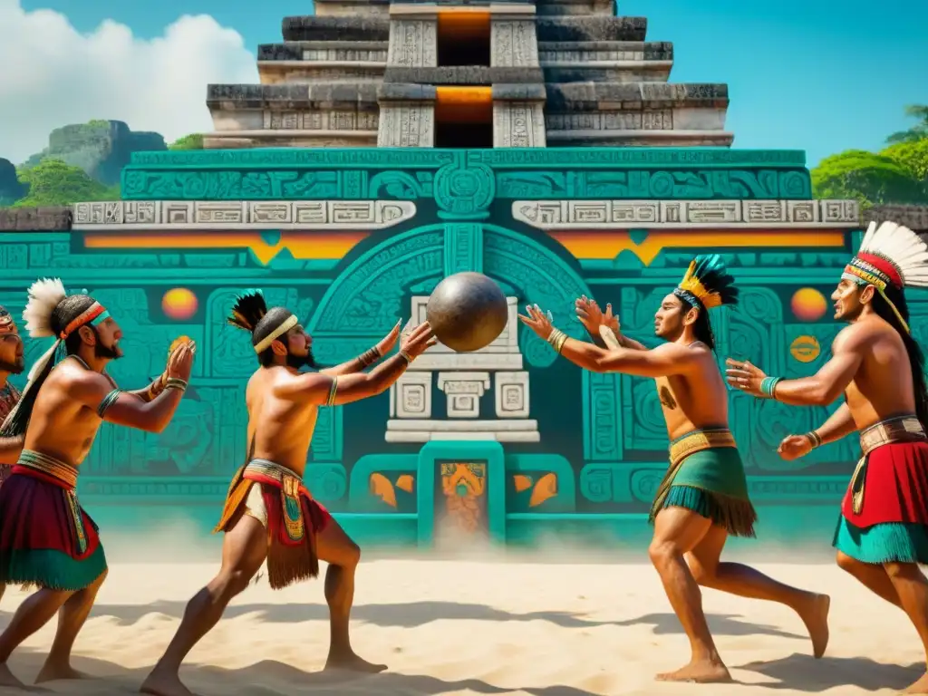 Magistral mural maya conecta con el significado del juego de pelota maya en vibrantes colores y escenas