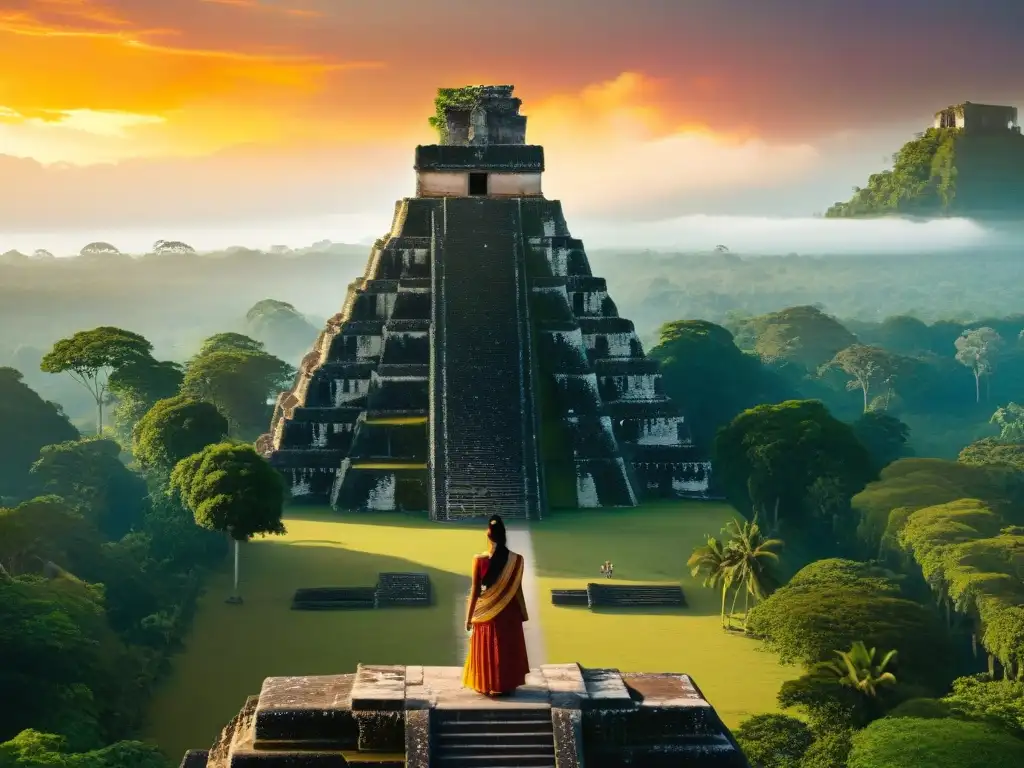 Magnífica imagen del colapso de la civilización maya en Tikal, resaltando la grandeza y los detalles arquitectónicos bajo un atardecer vibrante