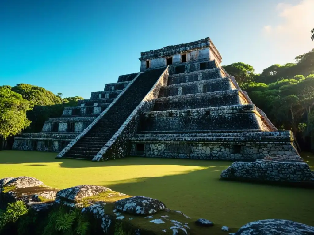 Majestuosa arquitectura defensiva en las ciudades mayas de Tulum, con muros de piedra detallados en la selva verde bajo cielo azul claro