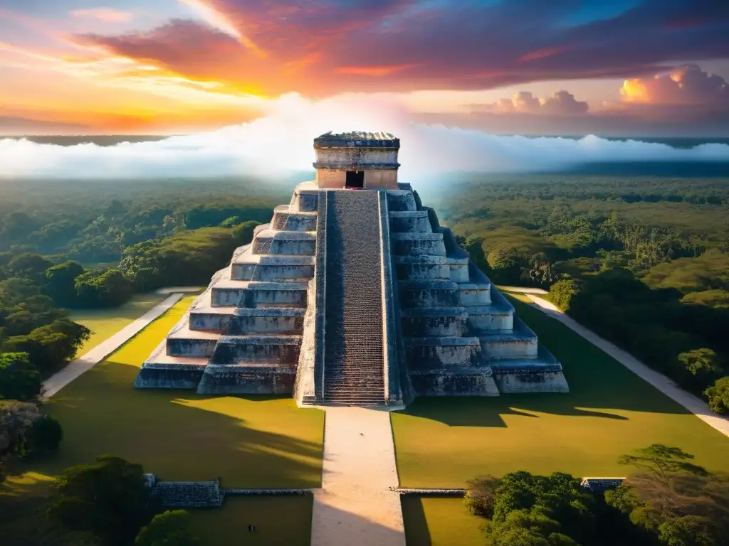 La majestuosa Arquitectura estelar de la civilización maya en Chichen Itza durante el equinoccio, se funde con el cielo vibrante al atardecer
