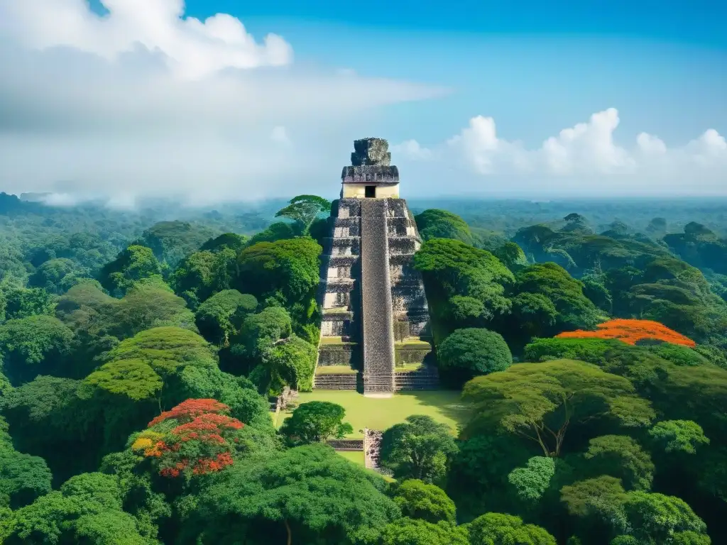 Majestuosa arquitectura maya en armonía natural: templos y selva en Tikal, con detalles tallados y flores vibrantes