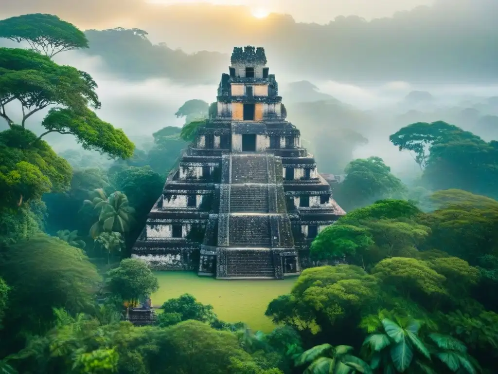 Majestuosa preservación arquitectura maya ante cambio, templo envuelto en neblina al amanecer, detalles de piedra y vegetación exuberante