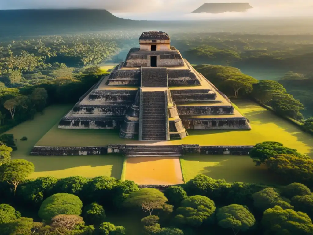 La majestuosa arquitectura maya en Edzná se revela en esta foto aérea detallada, iluminada por la suave luz dorada del atardecer