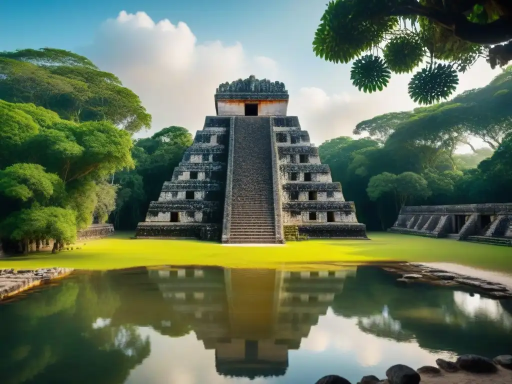 Arquitectura maya en Cobá: historia y naturaleza Majestuosa arquitectura maya en medio de la exuberante vegetación y un lago sereno en Cobá, fusionando historia y naturaleza
