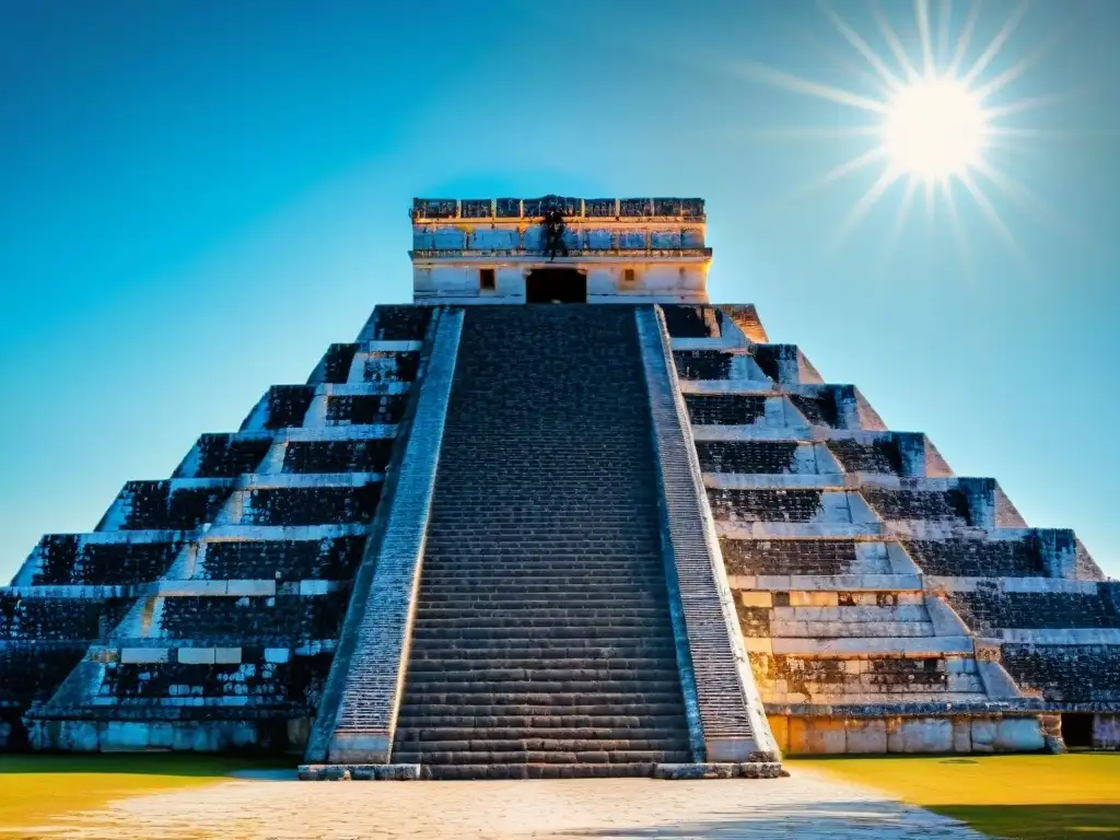 La majestuosa arquitectura maya en la pirámide de Kukulcán durante el equinoccio de primavera, mostrando la serpiente de luz bajando por las escaleras