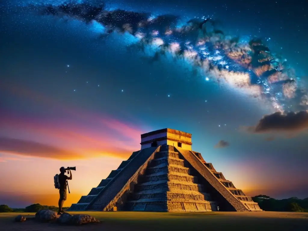 Majestuosa astronomía maya: pirámide al atardecer, astrónomo observando estrellas