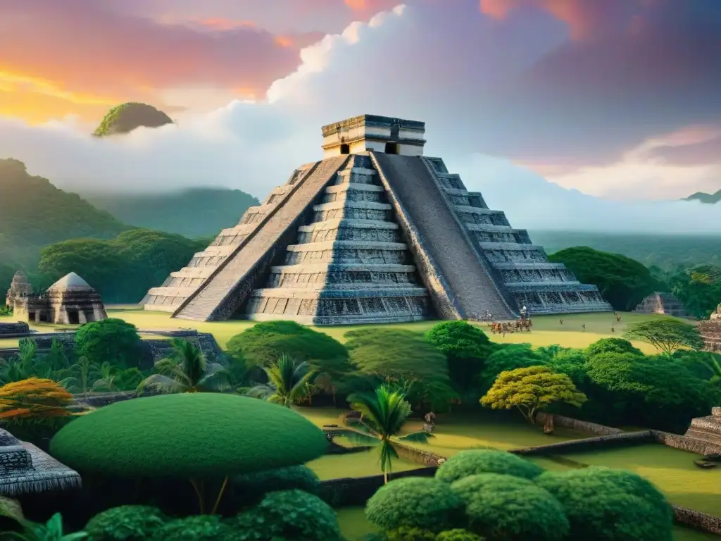 Una majestuosa ciudad maya con templos de piedra, mercados bulliciosos y exuberantes jardines, rodeada de selva y pirámides