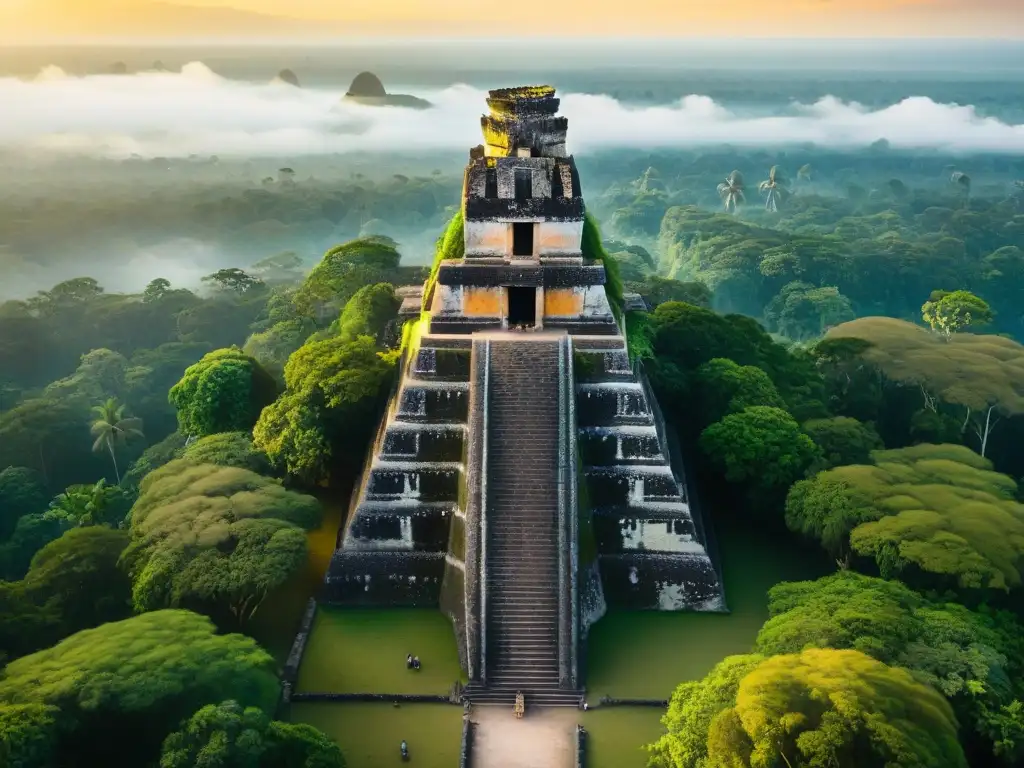 Explora la majestuosa cultura maya en Tikal, con pirámides antiguas entre la exuberante jungla al amanecer