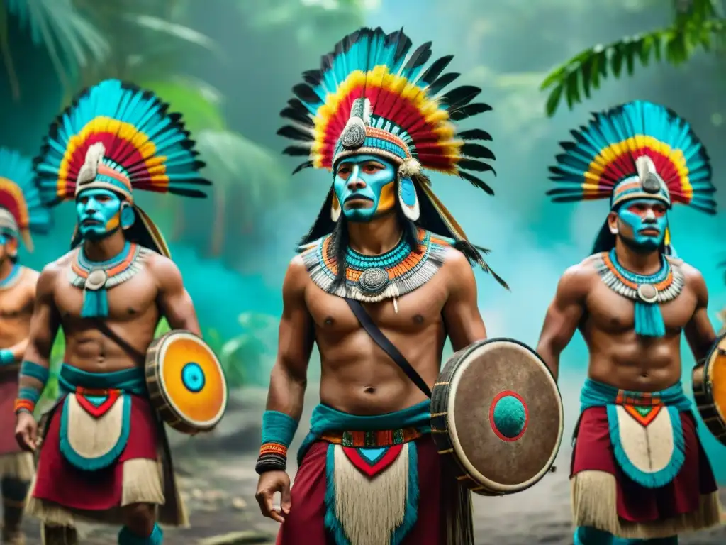 Majestuosa danza de guerreros mayas en la jungla, recreando estrategias bélicas ancestrales al ritmo de tambores