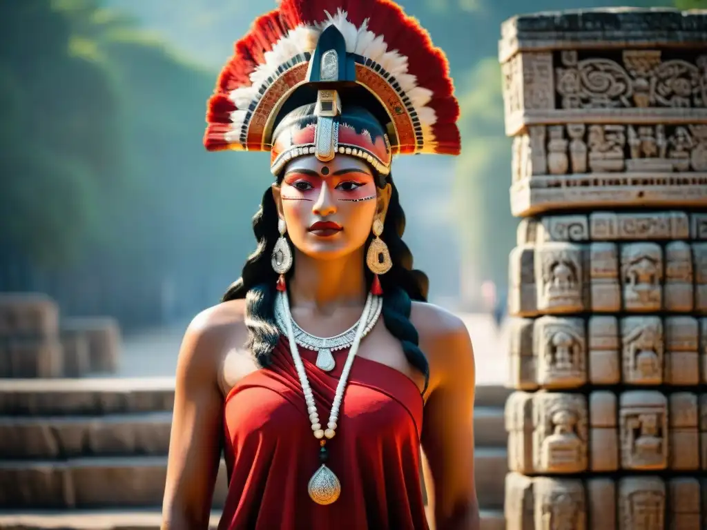 La majestuosa escultura de 'La dama de rojo' en Chichén Itzá, resaltando los detalles intrincados de su tocado y vestimenta