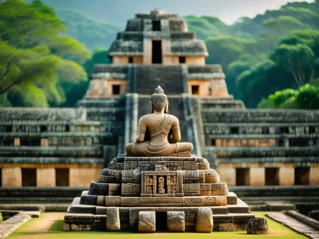 Majestuosa escultura de la leyenda enano de Uxmal, envuelta en misteriosos símbolos mayas