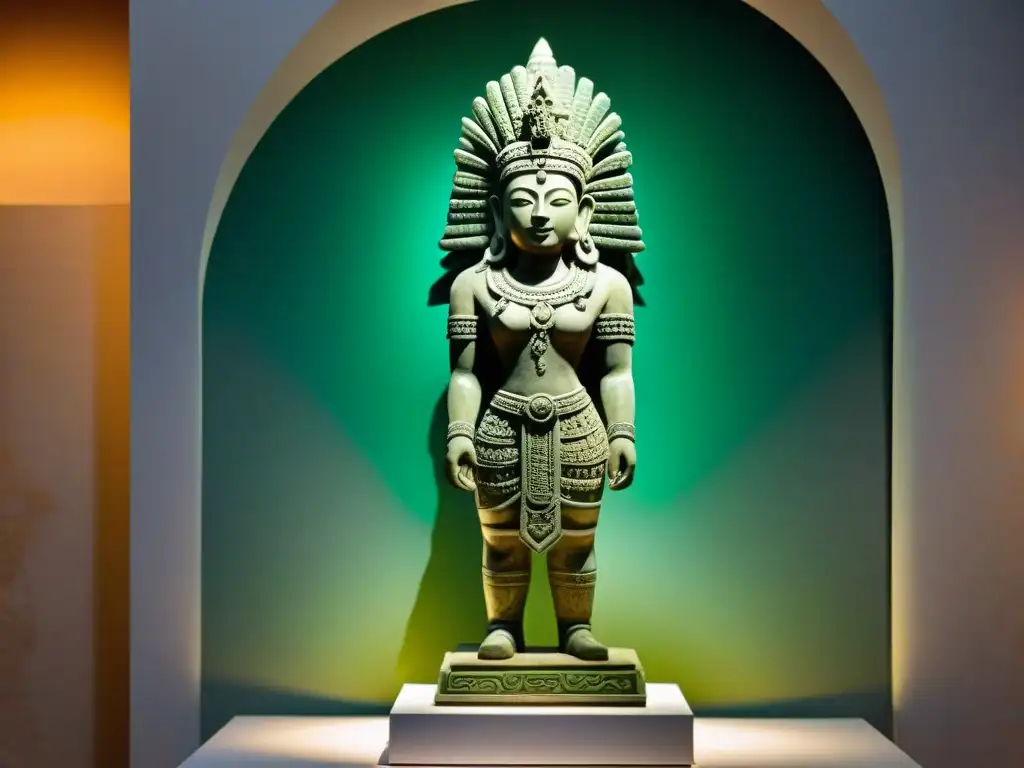 Majestuosa escultura maya del Dios del Maíz en museo tenue