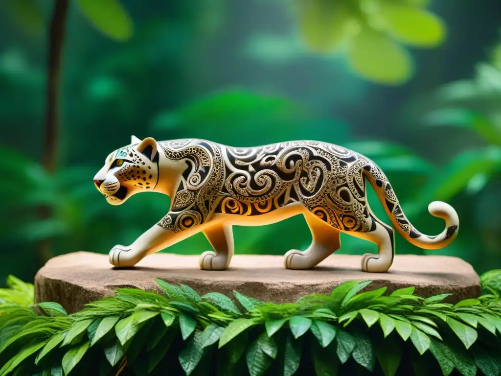 Una majestuosa escultura maya de un jaguar con patrones y símbolos tallados, rodeado de exuberante vegetación