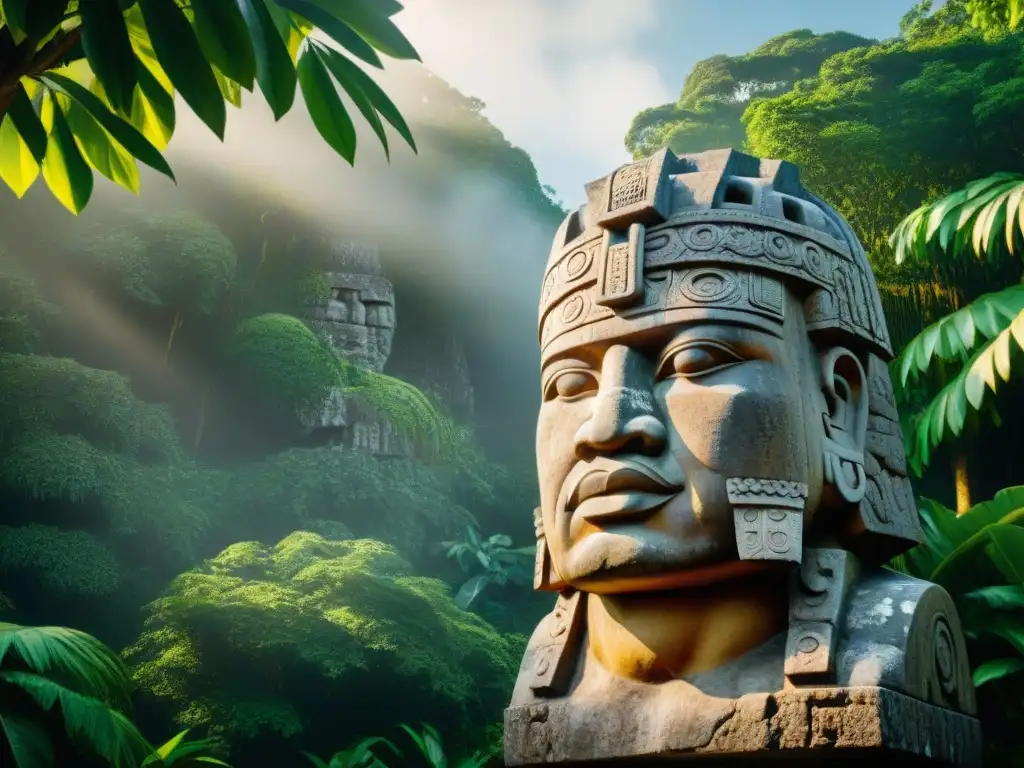 Majestuosa escultura olmeca en la selva, destacando la tradición olmeca en calendario maya