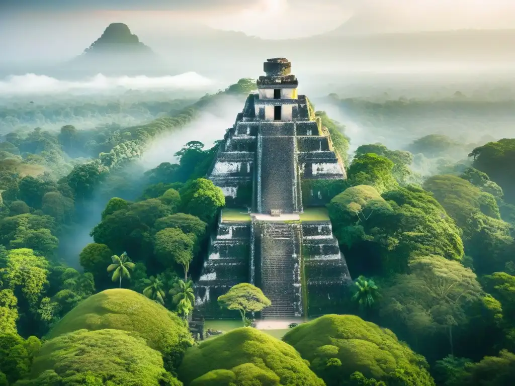 La majestuosa geometría maya en arquitectura entrelazada con la exuberante selva de Tikal al amanecer