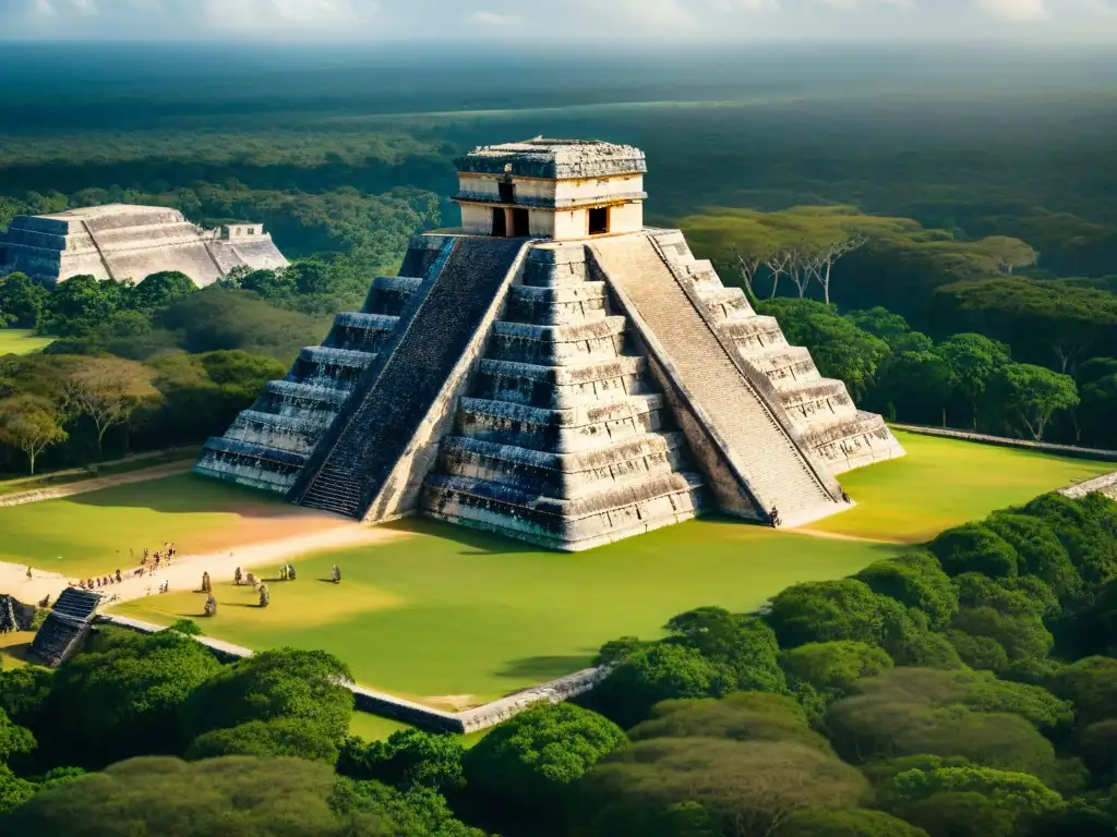 La majestuosa geometría sagrada en la arquitectura maya de Chichén Itzá, con El Castillo y templos rodeados por exuberante jungla