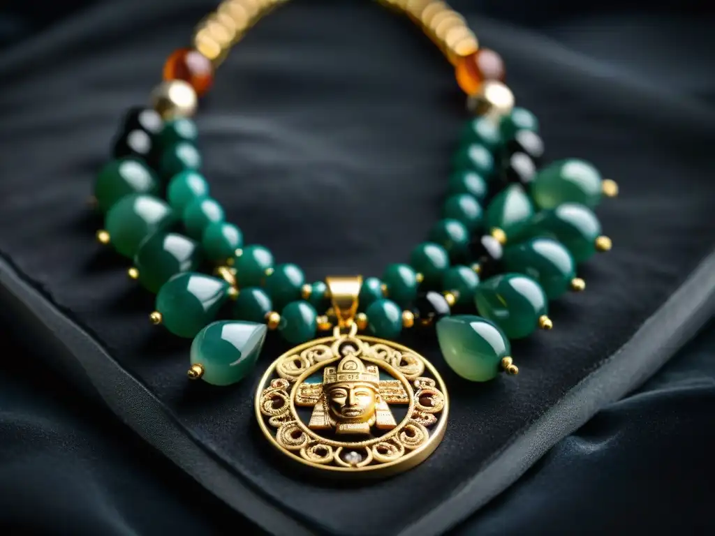 Una majestuosa joyería ceremonial maya con detalles en jade y oro, símbolos de poder y espiritualidad en un collar