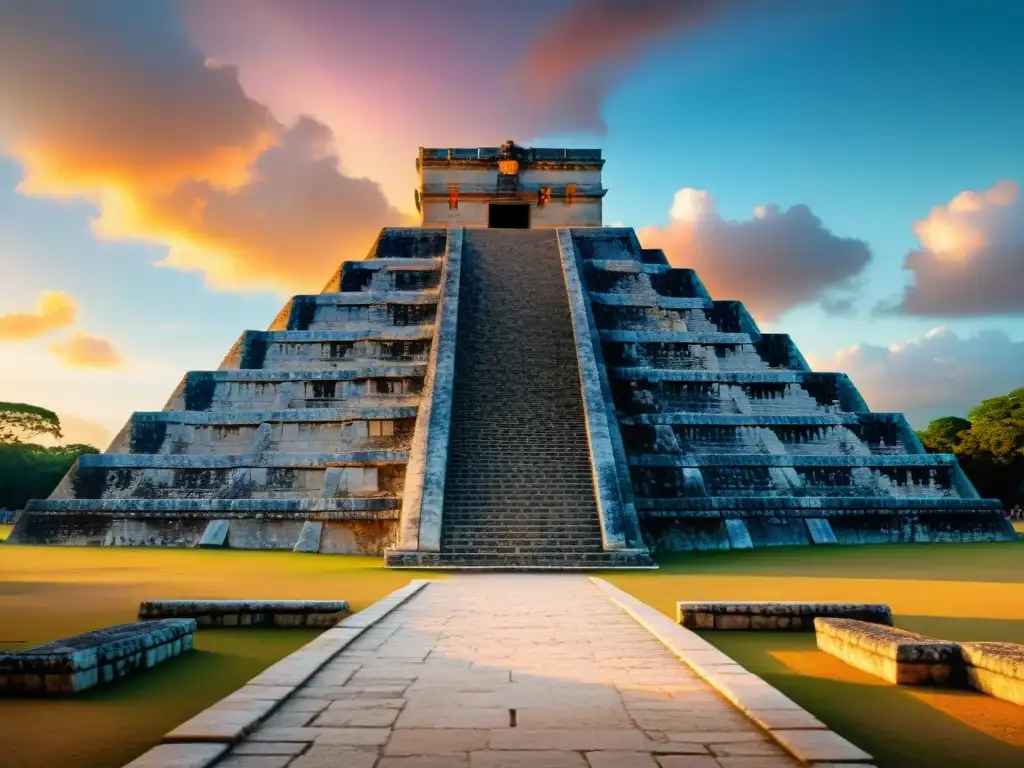 Majestuosa pirámide maya en Chichén Itzá durante un ritual educativo del Culto a Kukulkán al atardecer