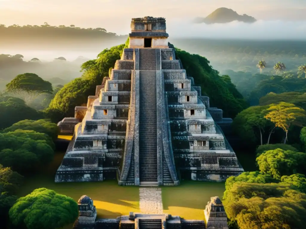 Majestuosa civilización maya con sonidos ancestrales en ruinas al amanecer