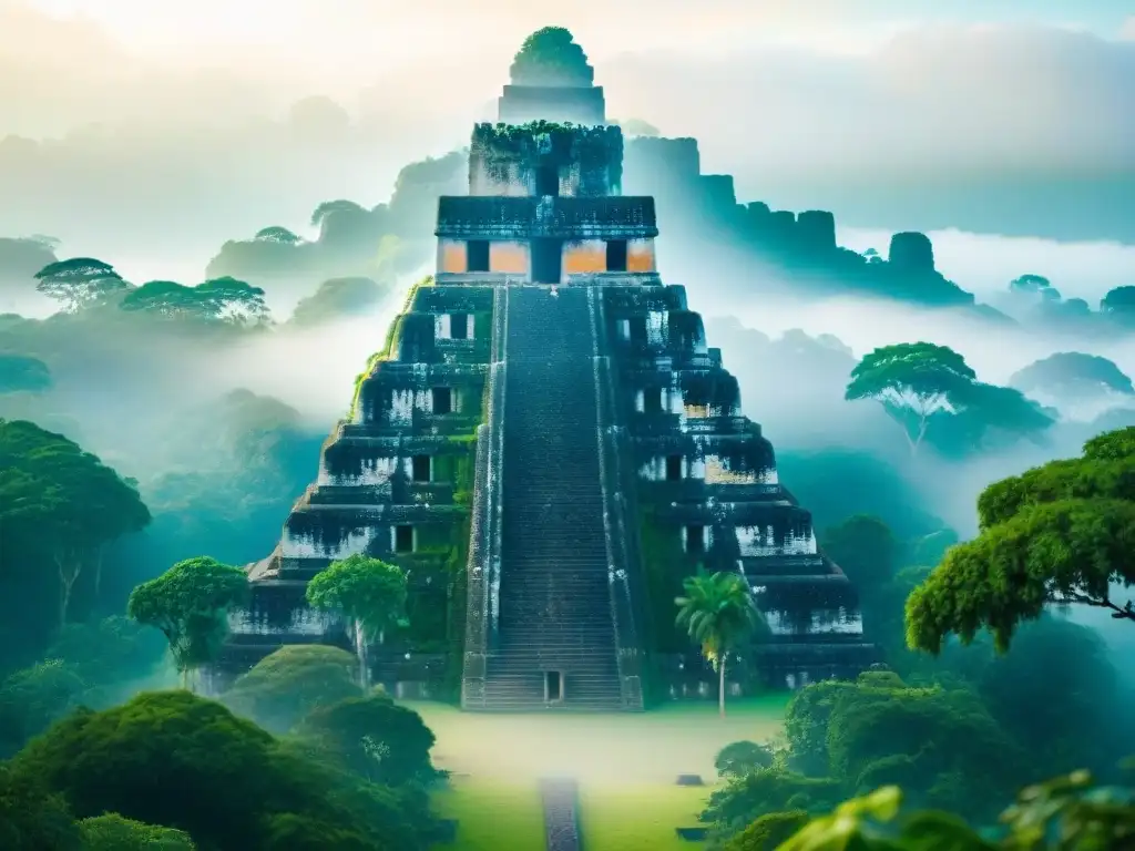 Majestuosa fotografía paisajes monumentos Mayas al amanecer en Tikal, templos y pirámides envueltos en neblina en la jungla verde vibrante