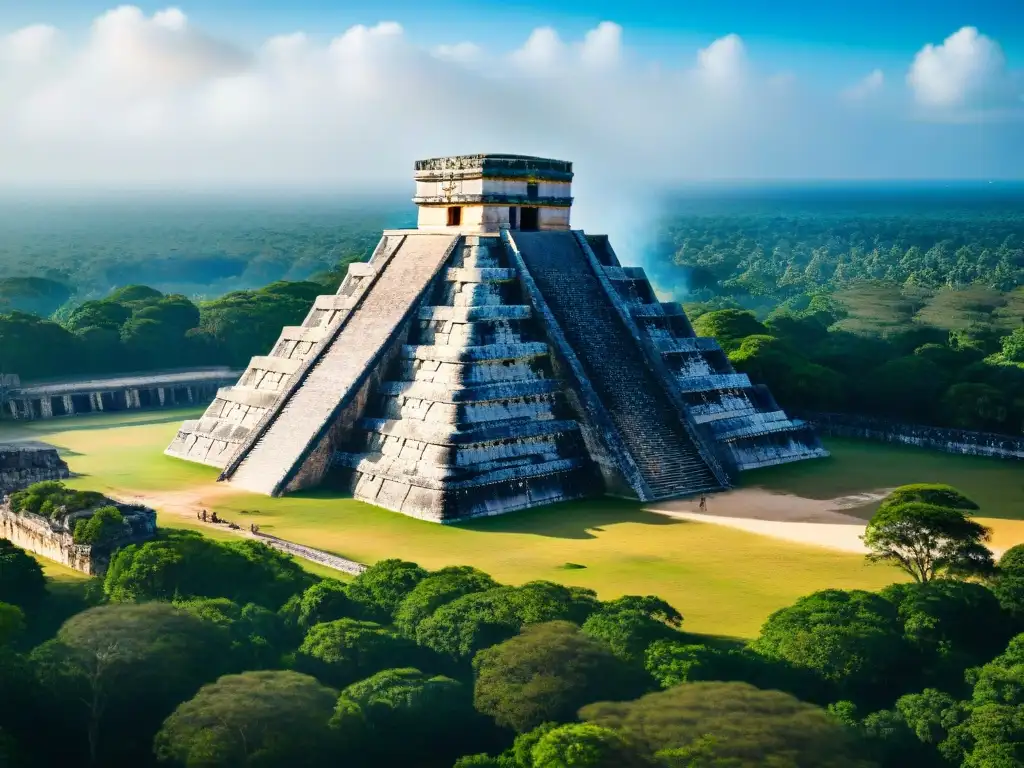 Majestuosa pirámide de El Castillo en Chichen Itzá, bañada en luz dorada, muestra la grandeza arquitectónica maya