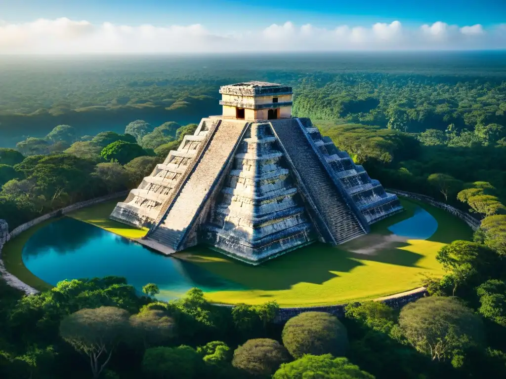 La majestuosa pirámide de El Castillo en Chichén Itzá, bañada en luz dorada, revela la cosmovisión maya universo sincronización