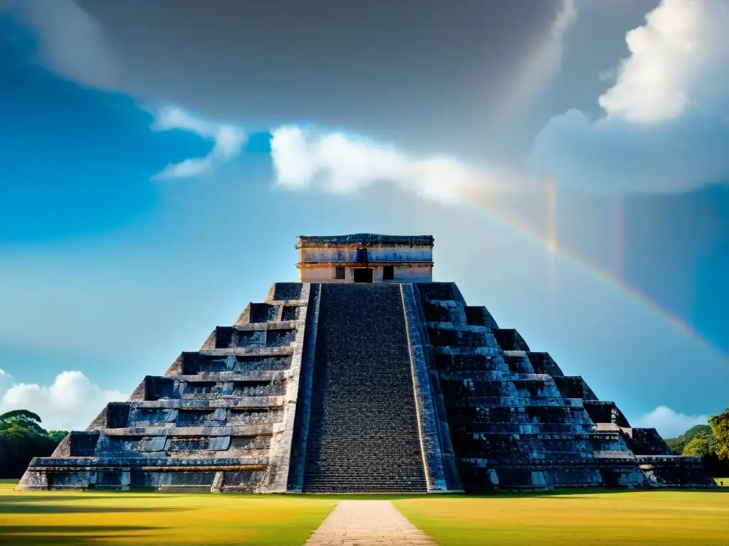 La majestuosa pirámide escalonada del Templo de Kukulkán en Chichén Itzá, iluminada por el sol, evoca la mística conexión celestial en la mitología maya de la serpiente emplumada