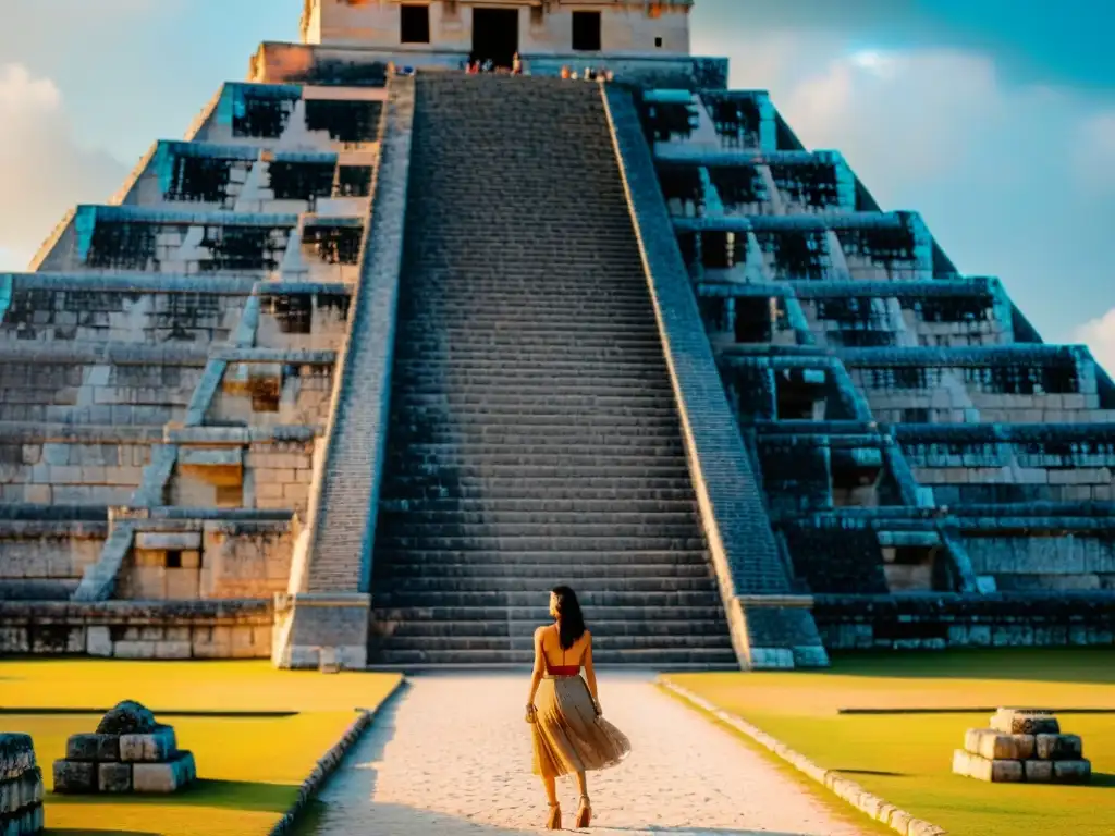 Majestuosa pirámide de Kukulkán en Chichén Itzá, con la Serpiente Emplumada Gucumatz y dioses mayas