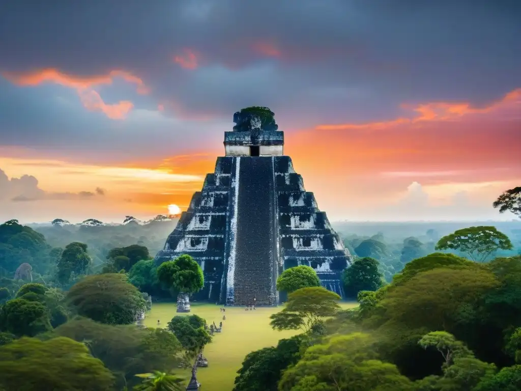 La majestuosa pirámide del Templo I en Tikal ciudad de los dioses al atardecer