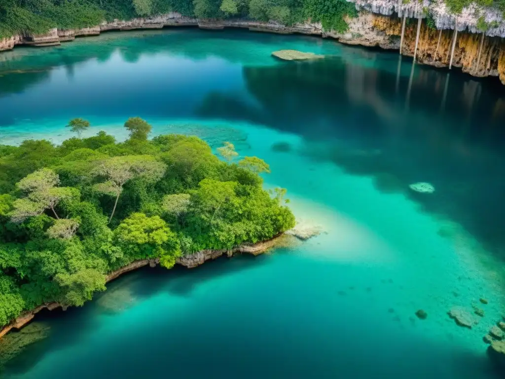 Majestuosa selva verde con cenote y ruinas mayas, reflejando la importancia de los cenotes en la agricultura maya