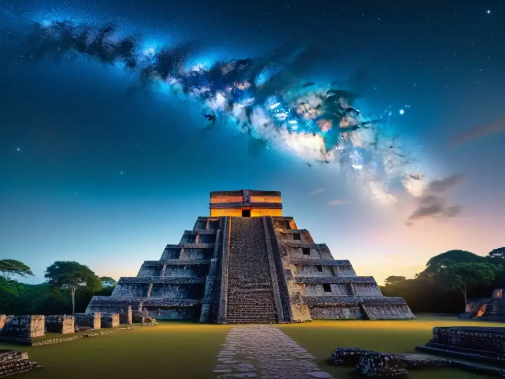 Majestuosa Cruz del Sur Maya brillando sobre ruinas antiguas en la noche estrellada