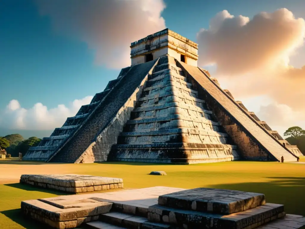 Templo de Kukulkán: Serpiente de luz en Chichén Itzá La majestuosa transformación del Templo de Kukulkán en Chichén Itzá durante el equinoccio, simbolizando la Desaparición o transformación de los mayas