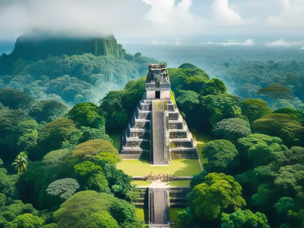 La majestuosa planificación urbana maya en armonía con la naturaleza, reflejando Tikal desde el aire